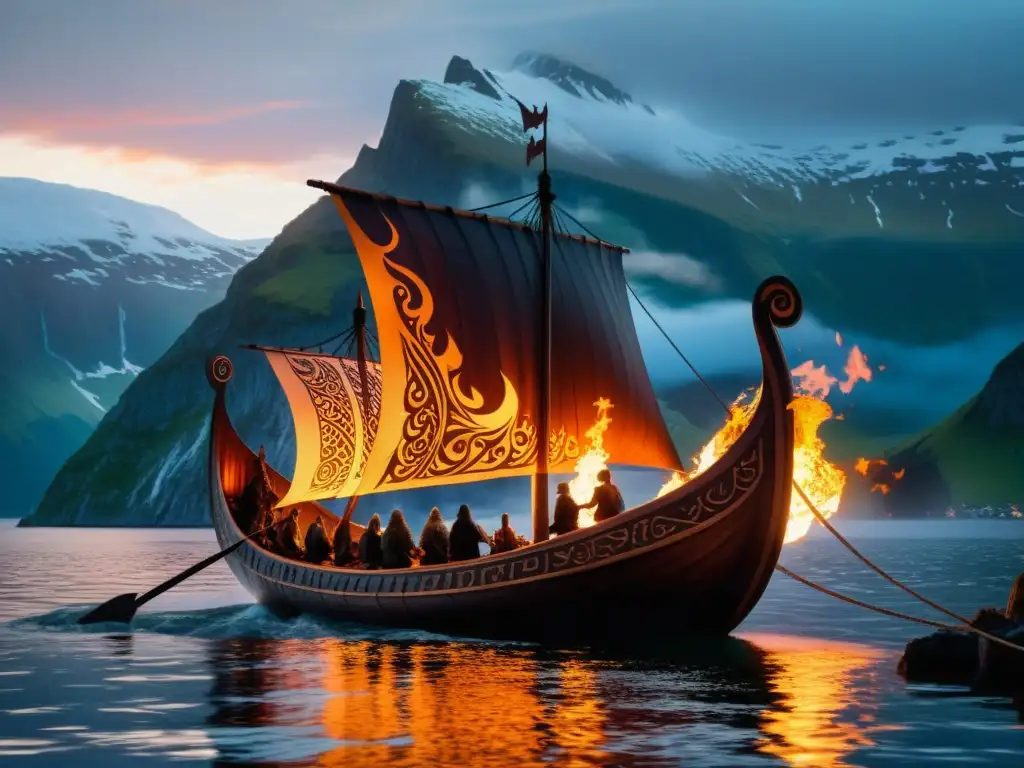 Impactante ilustración de un drakkar vikingo en llamas en un fiordo nórdico al atardecer