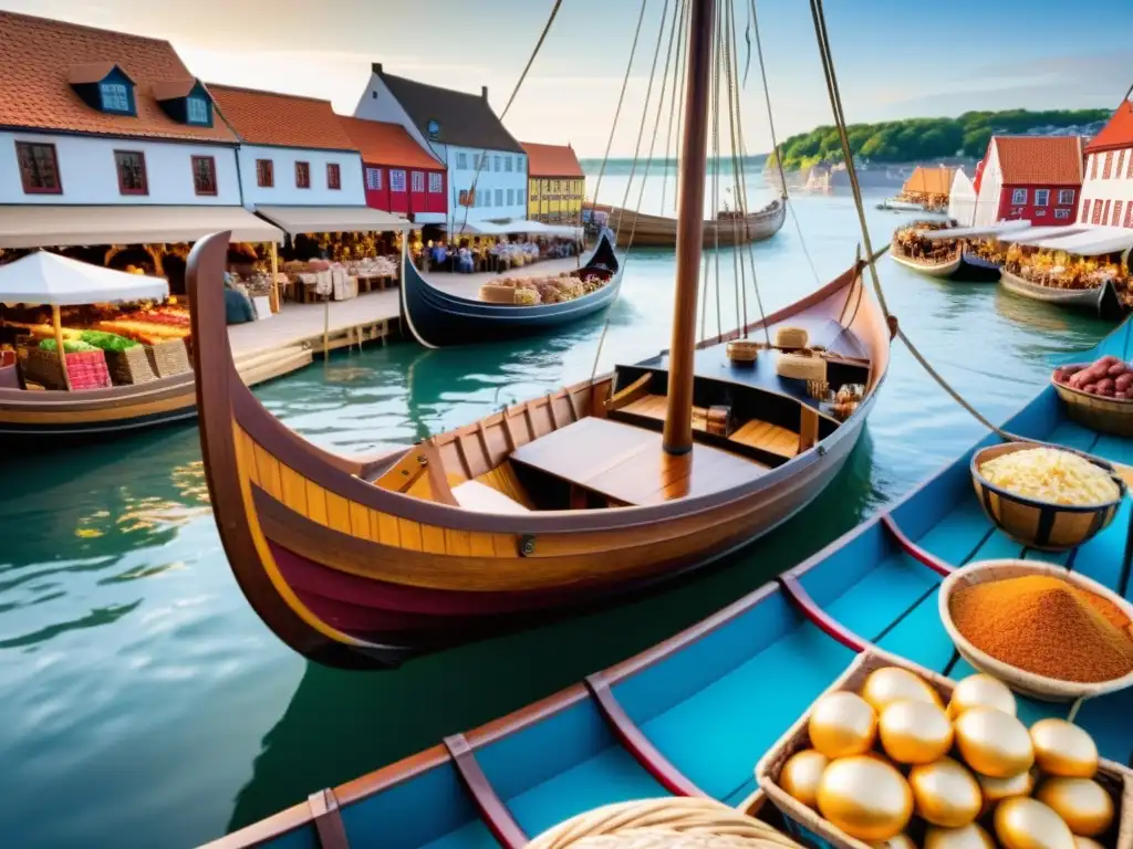 Intercambio culinario: Vikingos y Europa fusionados en un puerto animado Impacto gastronomía europea incursiones vikingas: Mercado bullicioso junto a un drakkar vikingo en puerto europeo