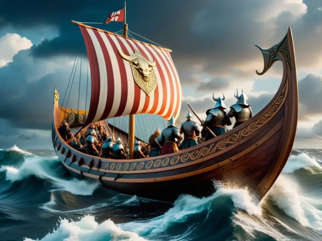 Impacto histórico de las expediciones vikingas: Épica imagen de un drakkar vikingo surcando mares embravecidos con guerreros y dragones