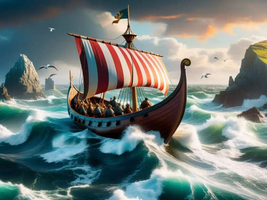 Imponente barco vikingo surca el mar agitado con guerreros y escudos coloridos, en medio del choque entre el Destino de los vikingos y el cristianismo