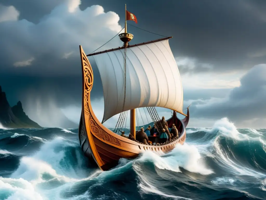 Imponente barco vikingo surca mares turbulentos bajo la mirada de Njord, dios vikingo del mar y los vientos