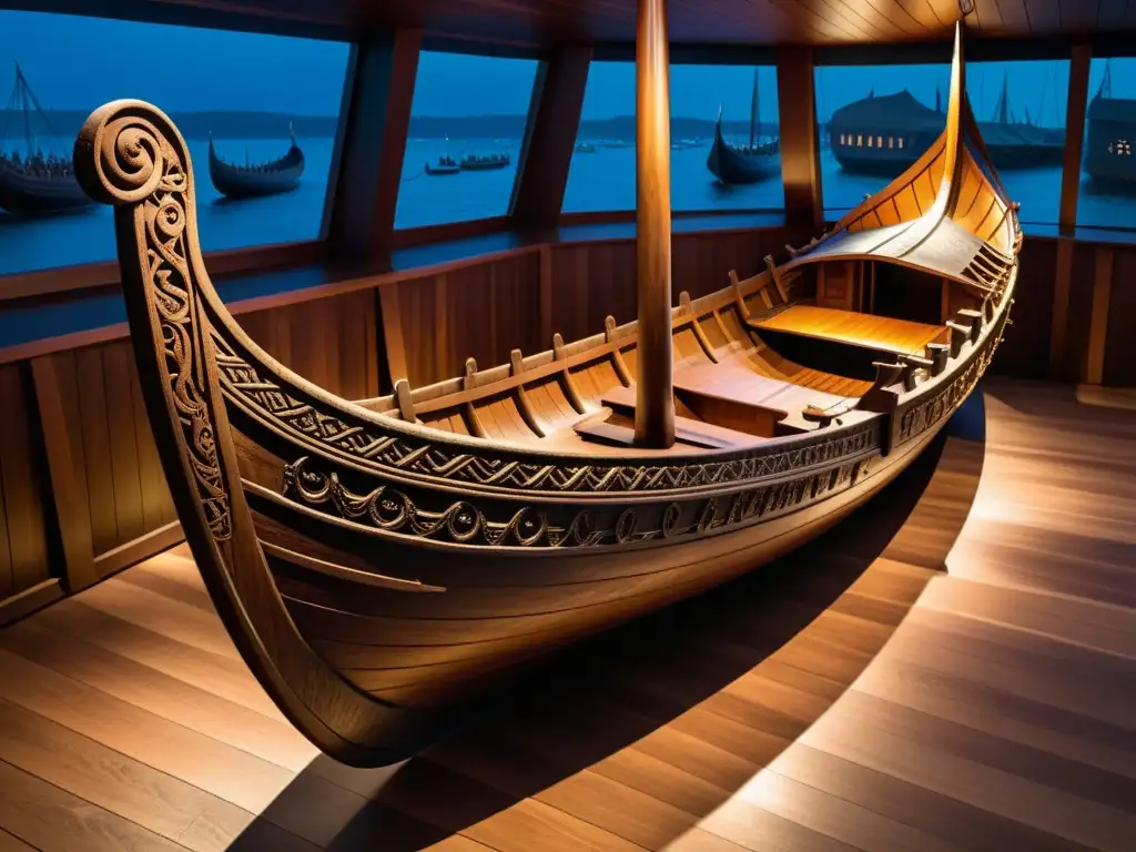 Imponente barco vikingo preservado en museo, iluminado dramáticamente para resaltar sus detallados grabados y madera envejecida