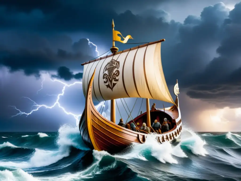 Imponente barco vikingo tallado navegando en tormenta: mitología vikinga, lealtad, amor