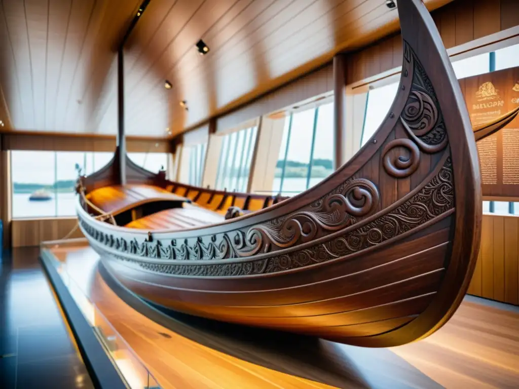 Imponente barco vikingo detalladamente tallado en museo