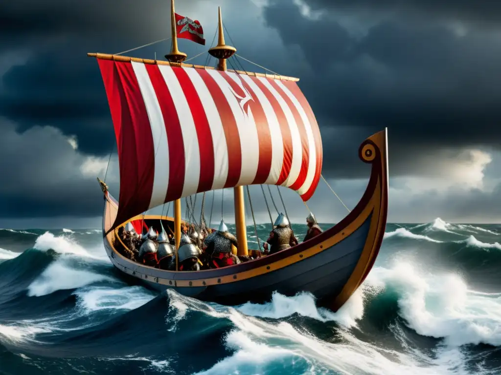 Imponente barco vikingo en tormenta, guerreros a bordo