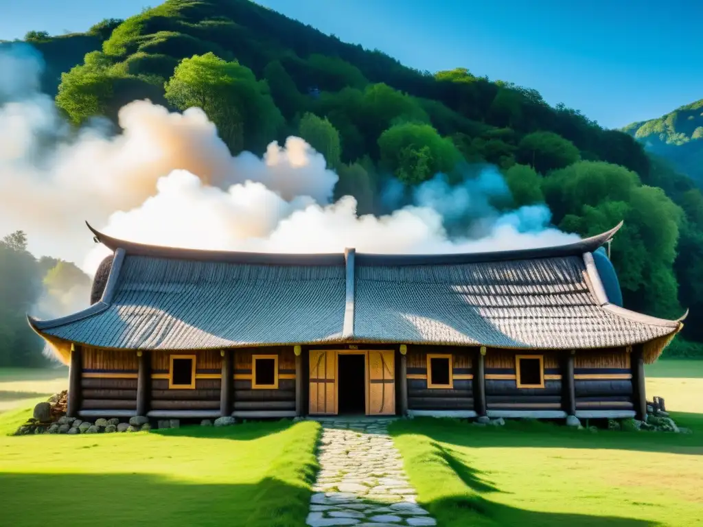 Una imponente casa larga de estilo vikingo en madera moderna, rodeada de colinas verdes, con humo saliendo de la chimenea hacia un cielo azul claro