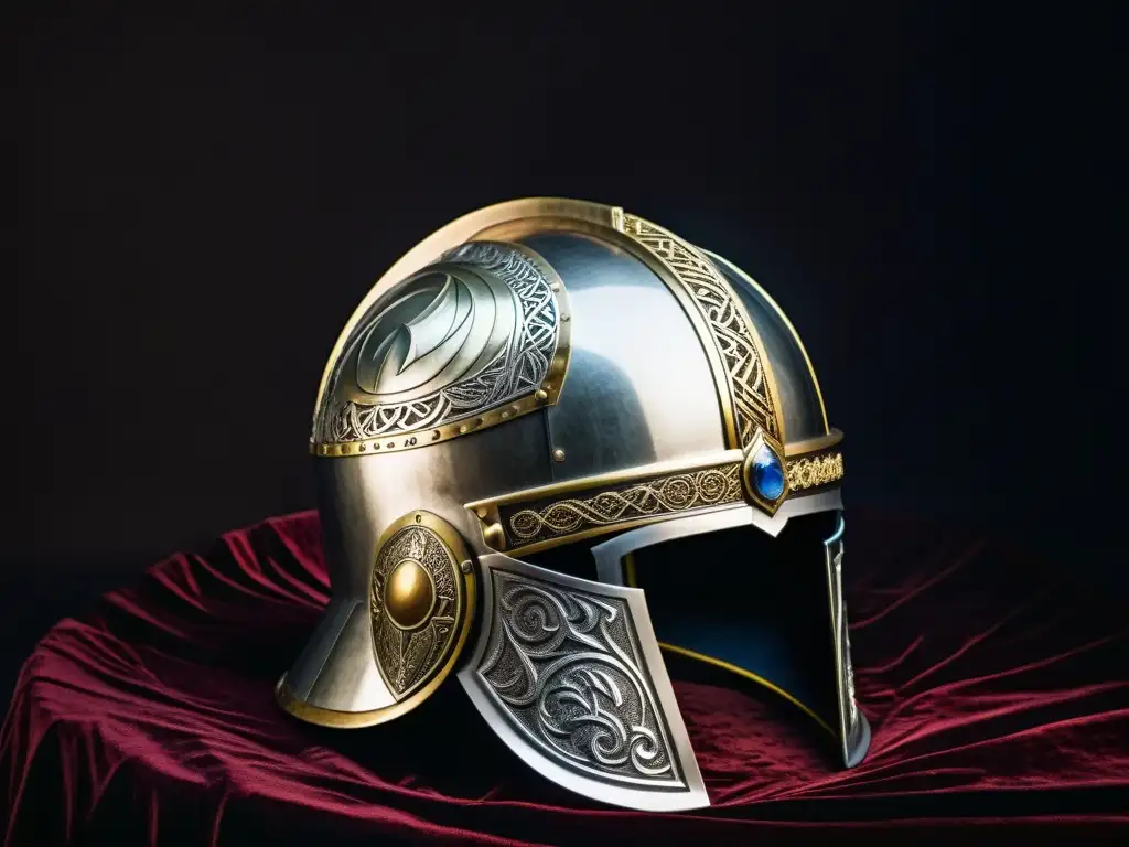 Imponente casco vikingo en detalle, reflejando la historia y diseño de armas y armaduras vikingas