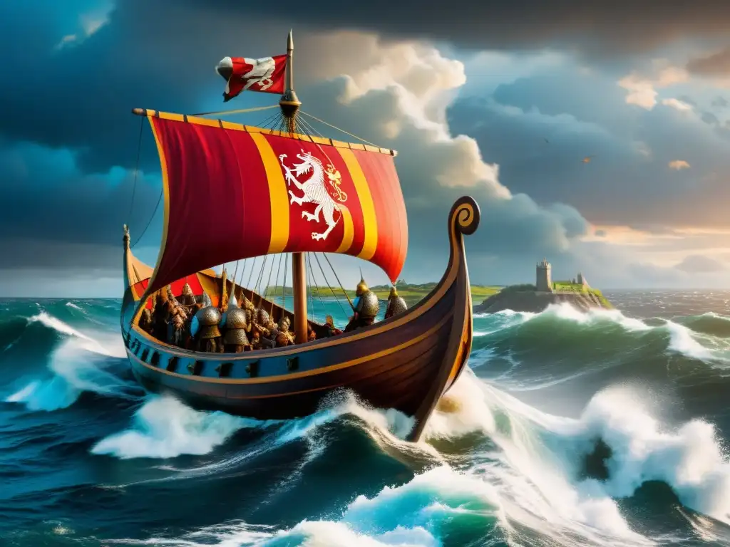 Una imponente conquista vikinga en Europa: un drakkar navega en mares turbulentos bajo un cielo dramático, rodeado de ciudades medievales y fortalezas