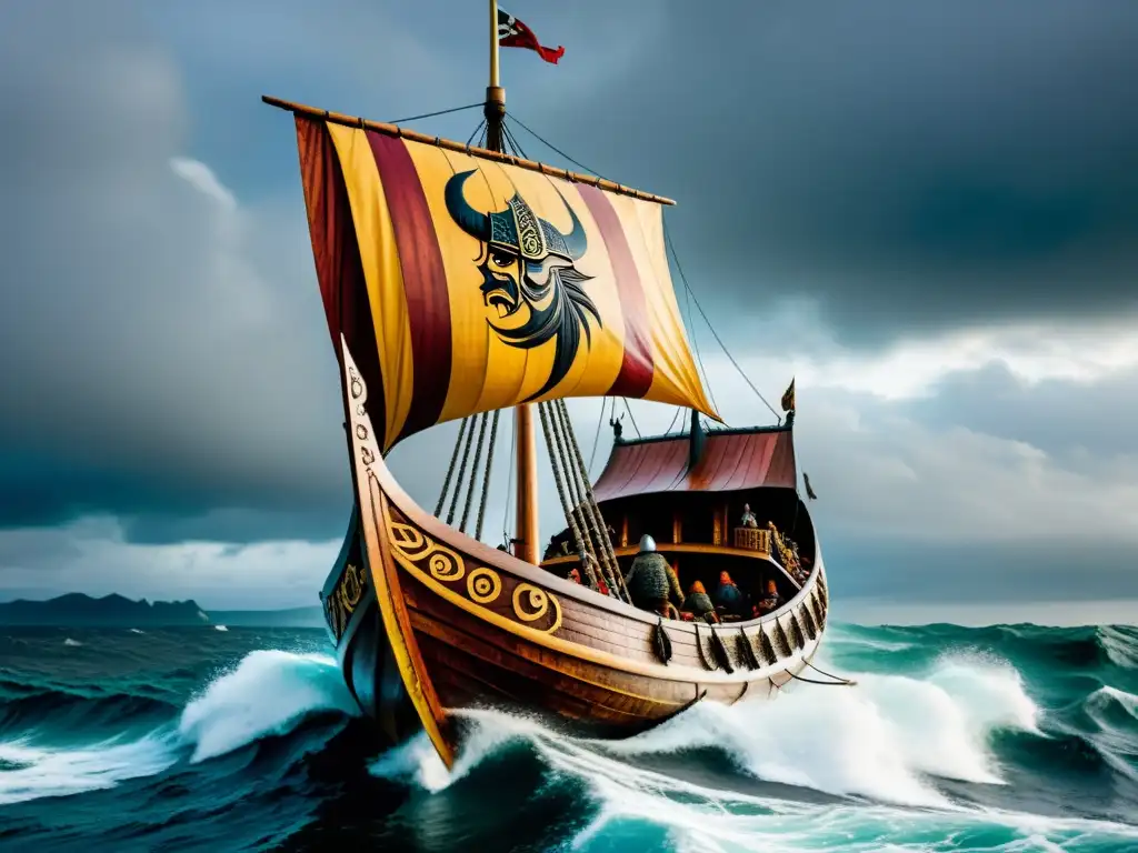 Imponente diseño de un longship vikingo con detalles intrincados y una tripulación feroz en alta mar