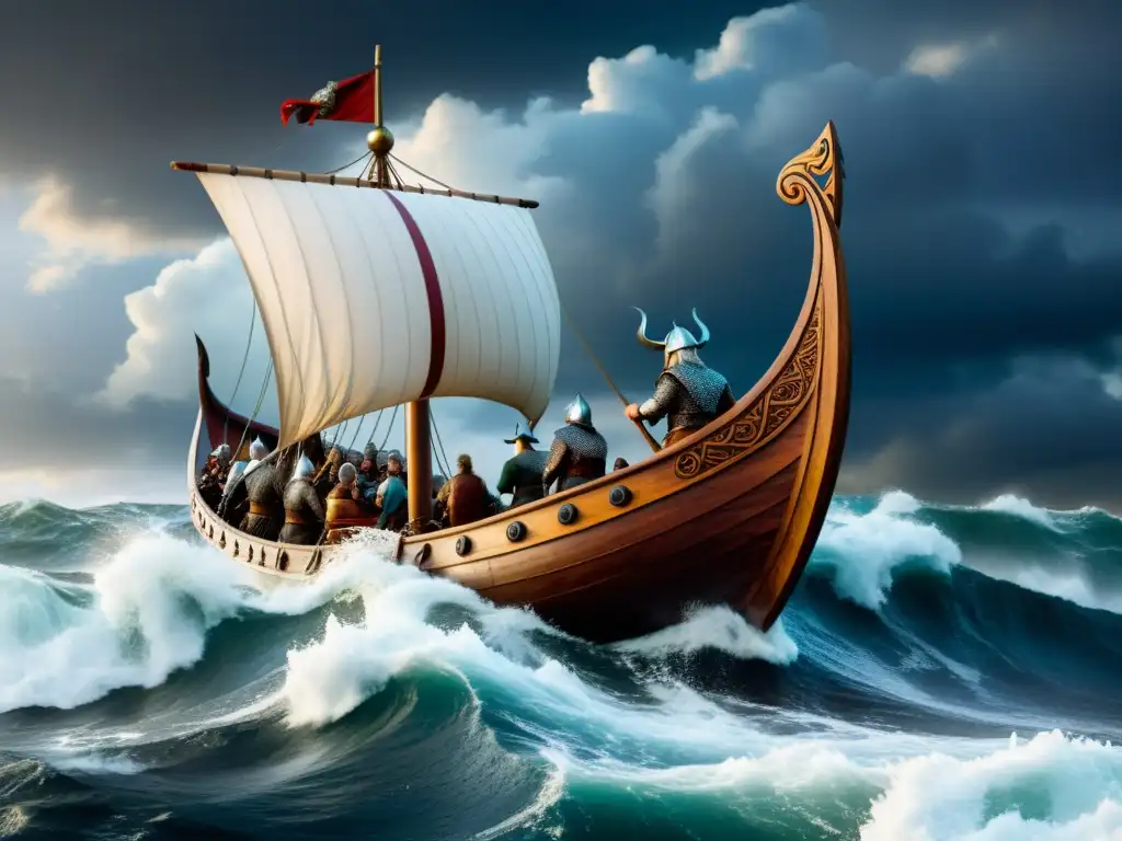 Un imponente drakkar vikingo surcando mares agitados, tripulación de guerreros remando, figura tallada de dragón en proa