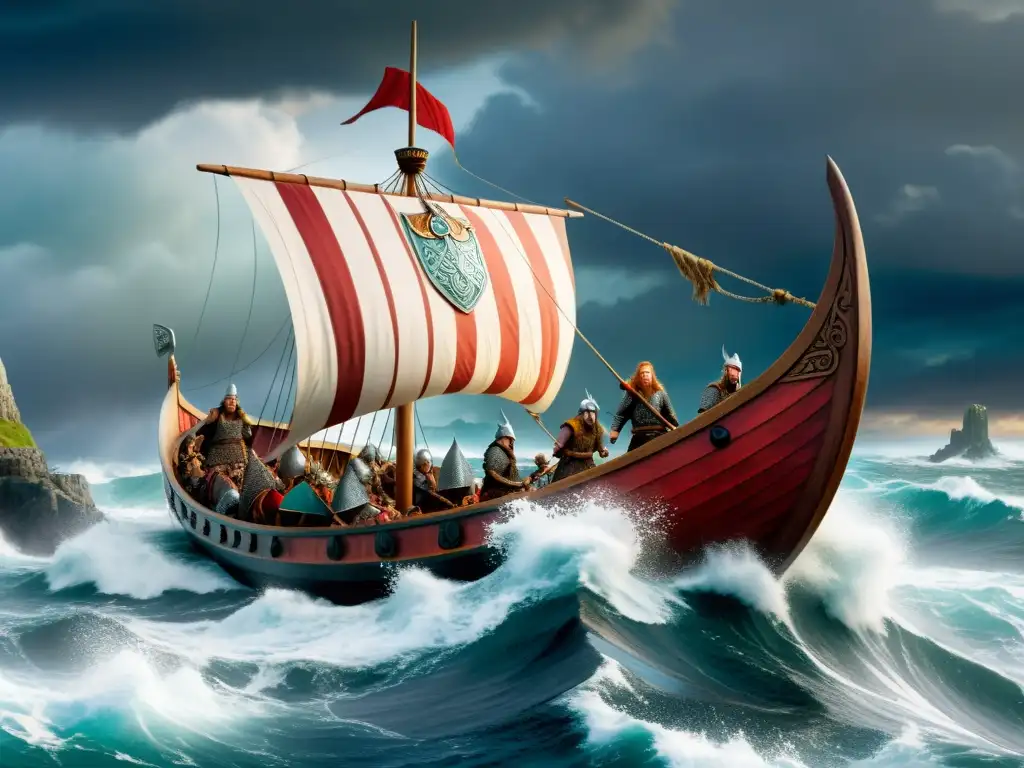 Imponente encuentro de civilizaciones vikingas en alta mar con cielo tormentoso y barco decorado