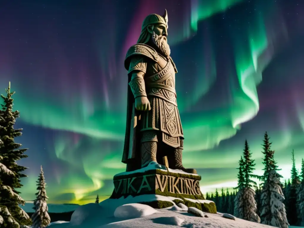 Imponente estatua de un gigante vikingo entre un bosque nórdico, con la Aurora Boreal al fondo