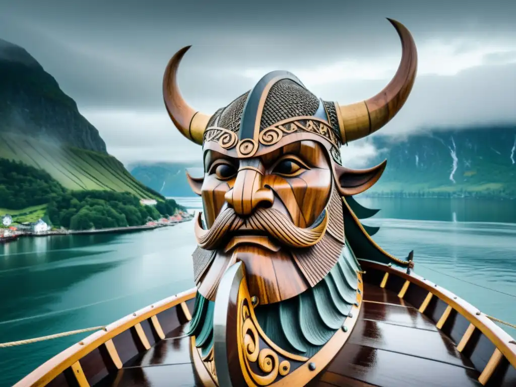 La imponente figura de proa de un barco vikingo tallada con un feroz dragón, destacando el arte y significado de los barcos vikingos