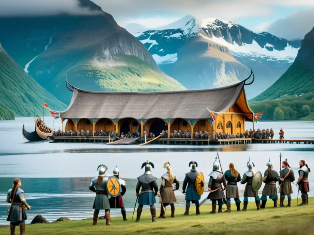 Imponente longhouse vikinga con guerreros y shieldmaidens frente a un fiordo