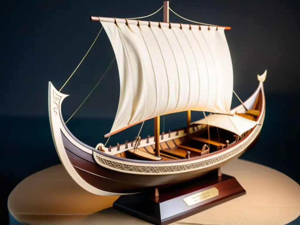 Imponente modelo de barco vikingo con detalles meticulosos y herramientas para técnicas de mantenimiento de barcos vikingos