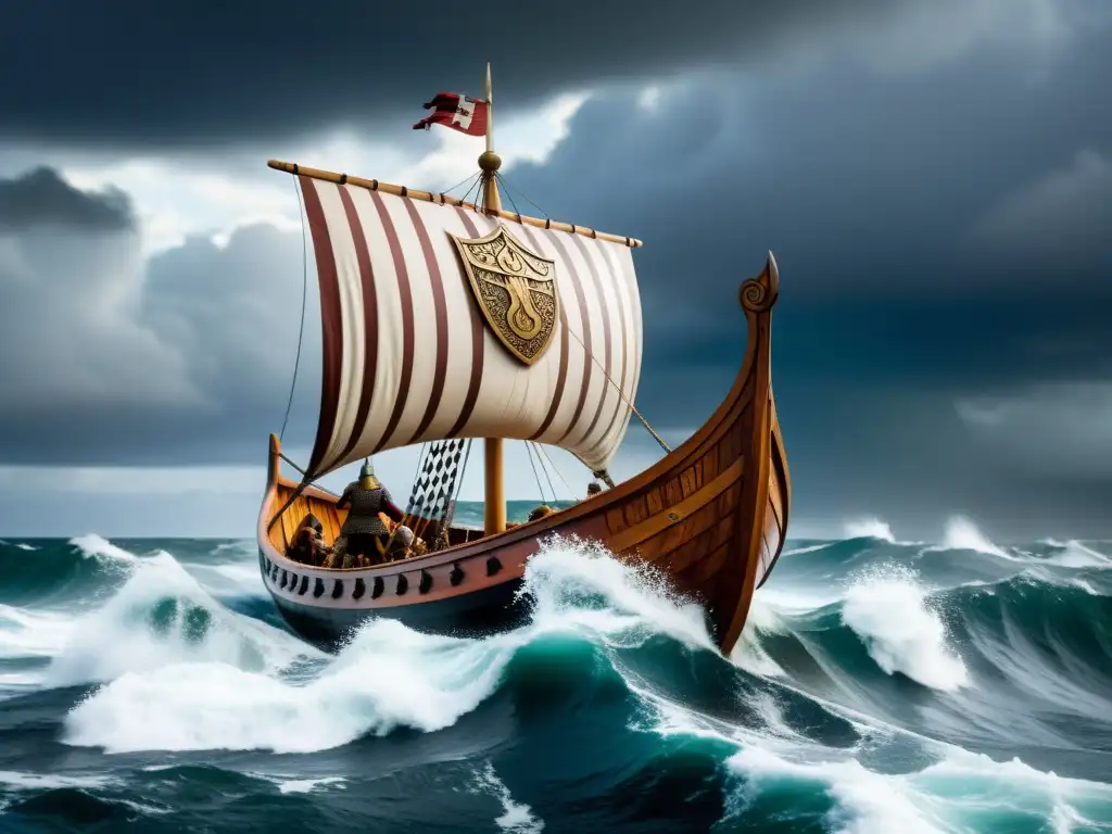 Imponente nave vikinga surcando mares turbulentos, con cielo dramático
