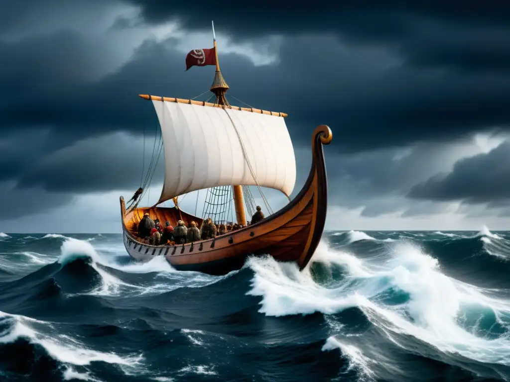 Imponente nave vikinga surcando mares turbulentos con técnicas vikingas de navegación ancestral