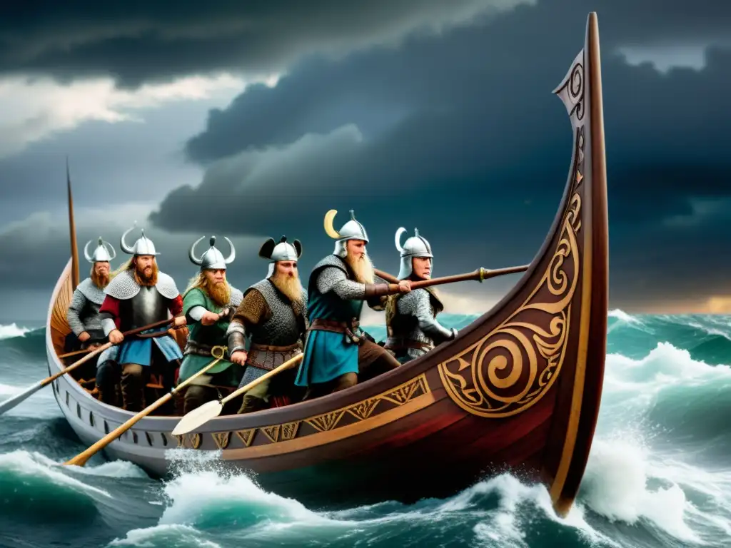 Imponente navío vikingo en aguas turbulentas con guerreros remando, cielo tormentoso y escudos coloridos, ideal para estudiantes de vida vikinga