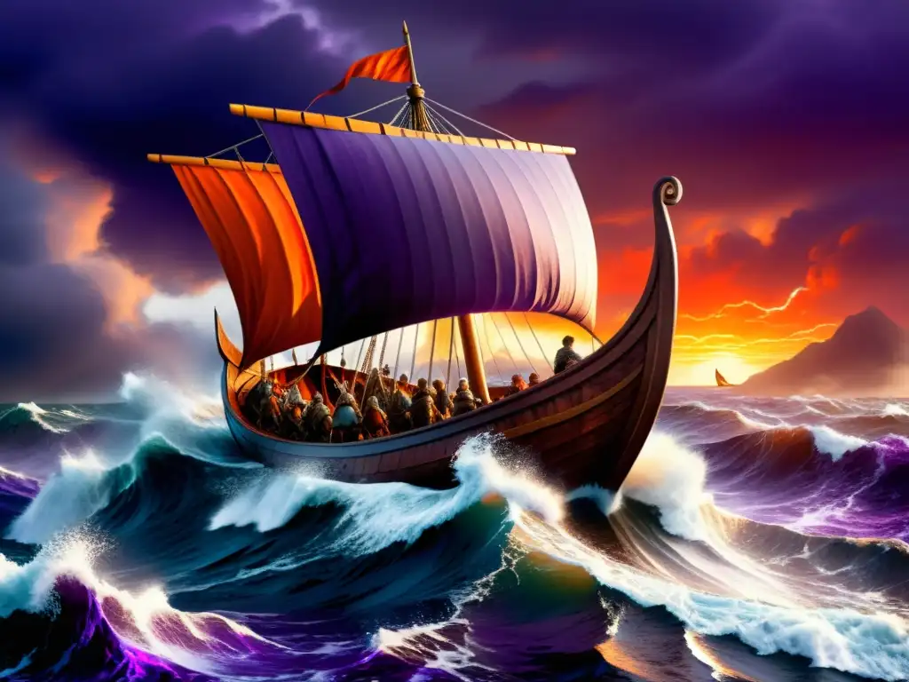 Imponente navío vikingo surca mares en tormenta al atardecer, con tripulación valiente