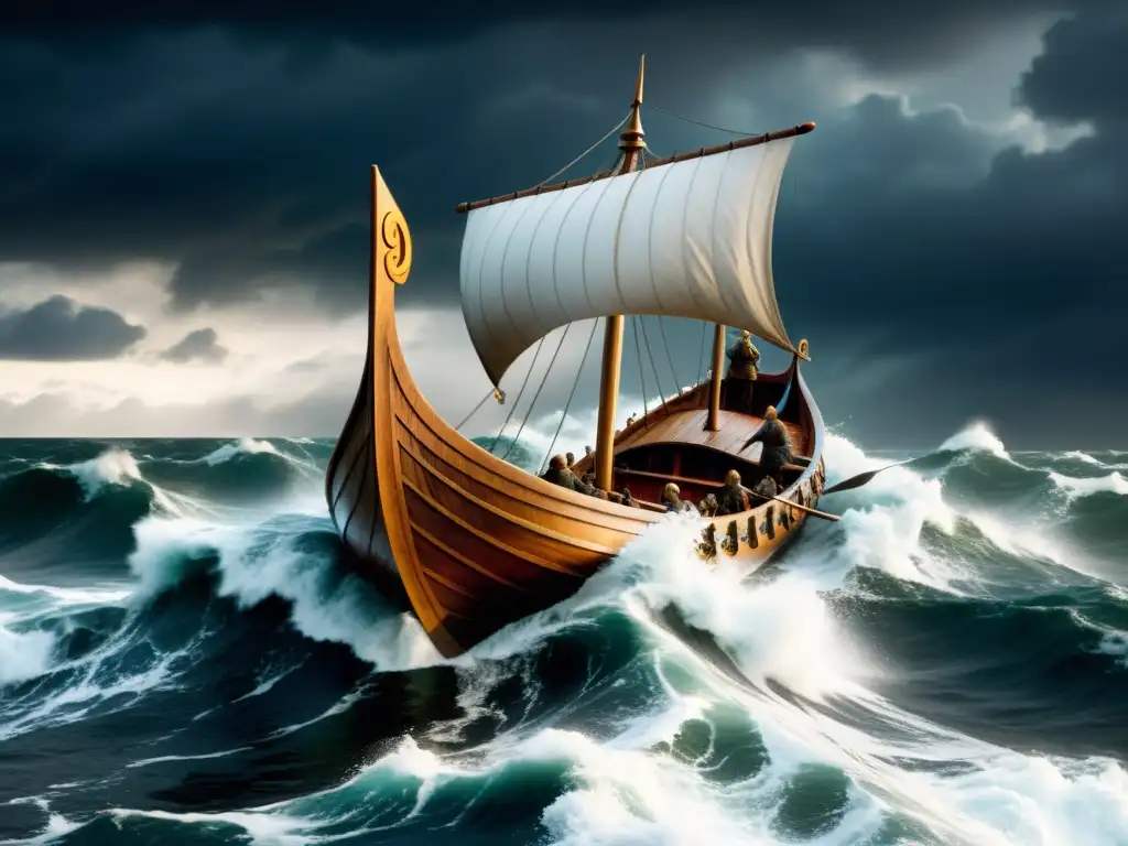 Imponente navío vikingo en tormenta, simbolizando el significado del mar en sagas vikingas