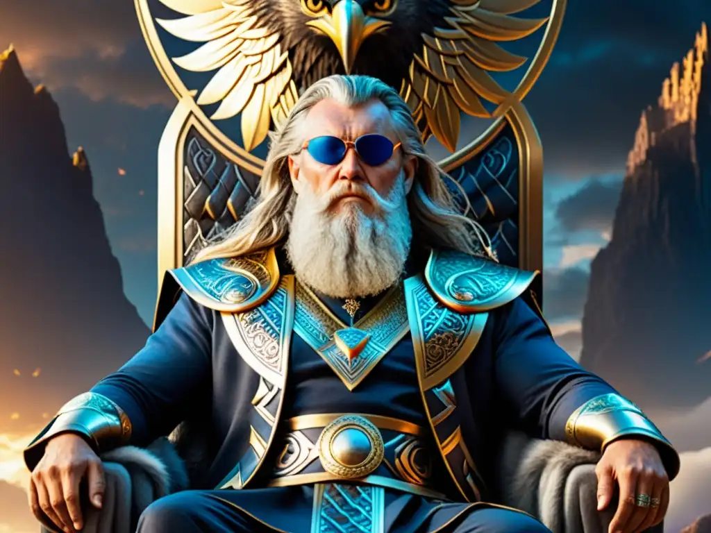 Imponente Odin en su trono en Asgard, rodeado de sus fieles animales y transmitiendo lecciones de liderazgo en la mitología nórdica