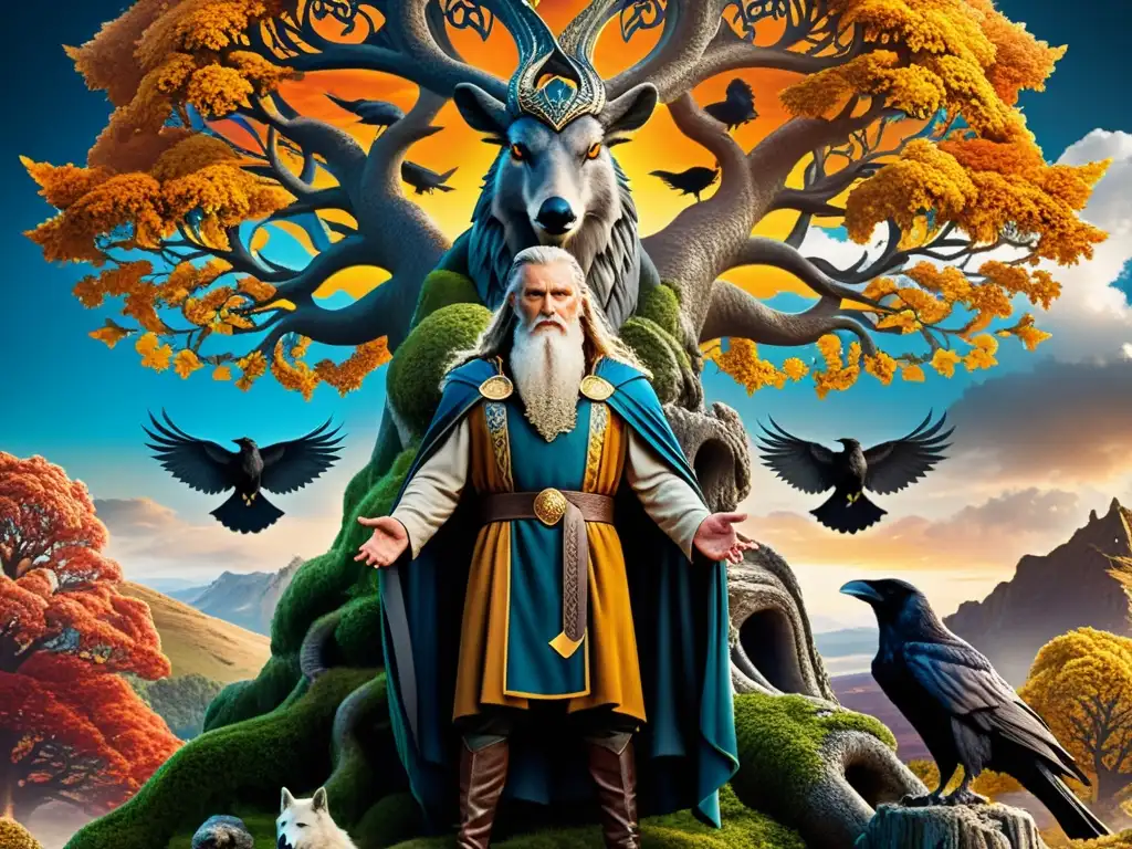 Imponente Odin, el Padre de Todos, en Yggdrasil con sus animales, paisajes de las Nueve Tierras