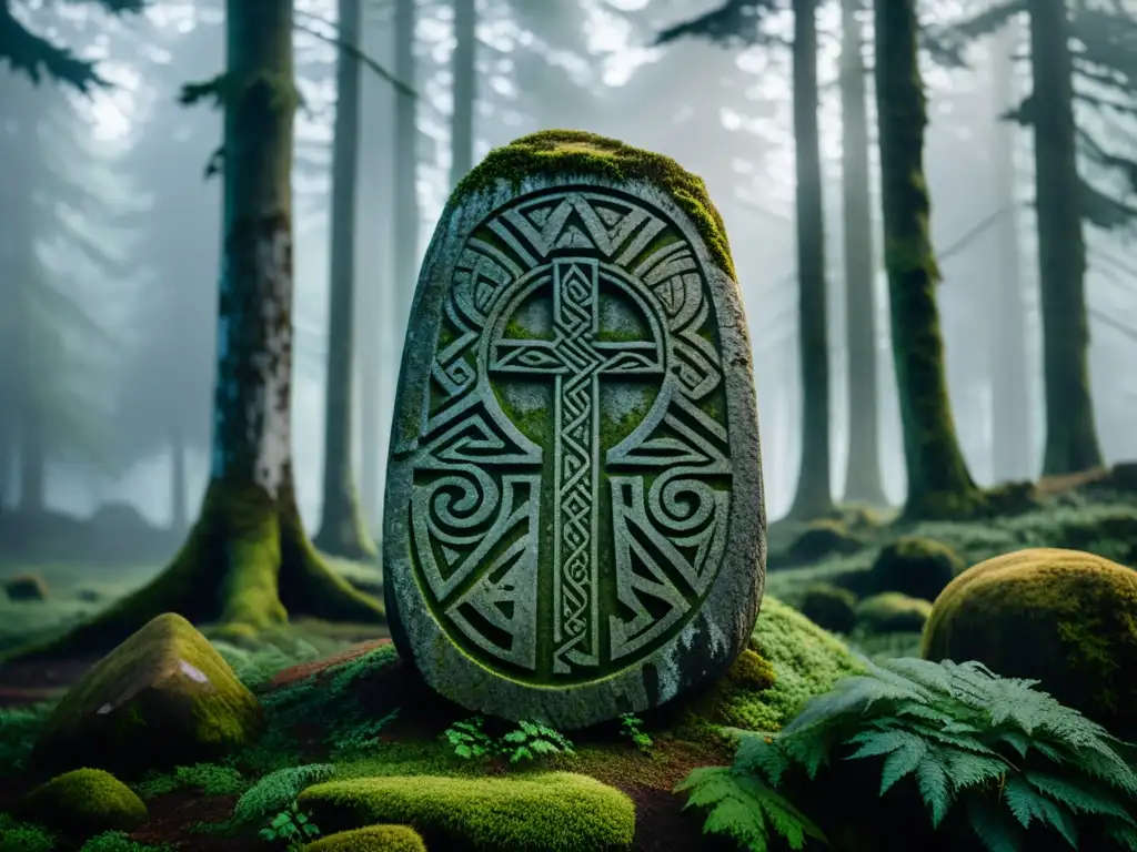 Imponente piedra rúnica vikinga en un bosque neblinoso, revelando runas con misterio y sabiduría ancestral