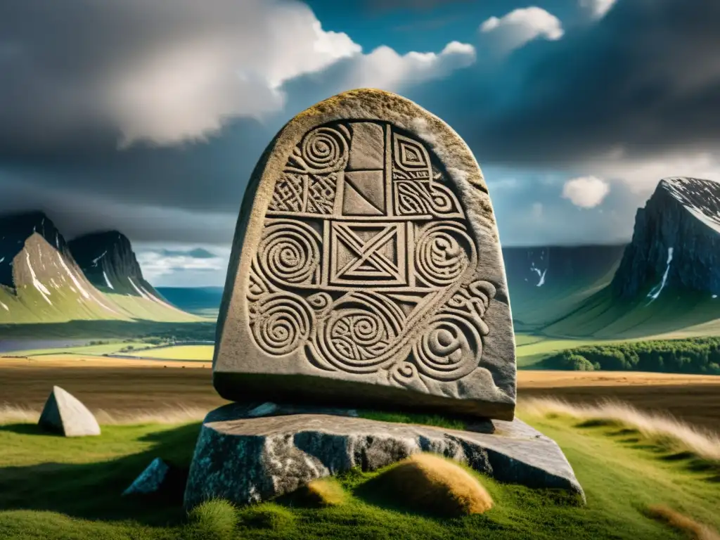 Imponente runa vikinga tallada en piedra, simbolizando la importancia de la runología vikinga en un paisaje escandinavo dramático