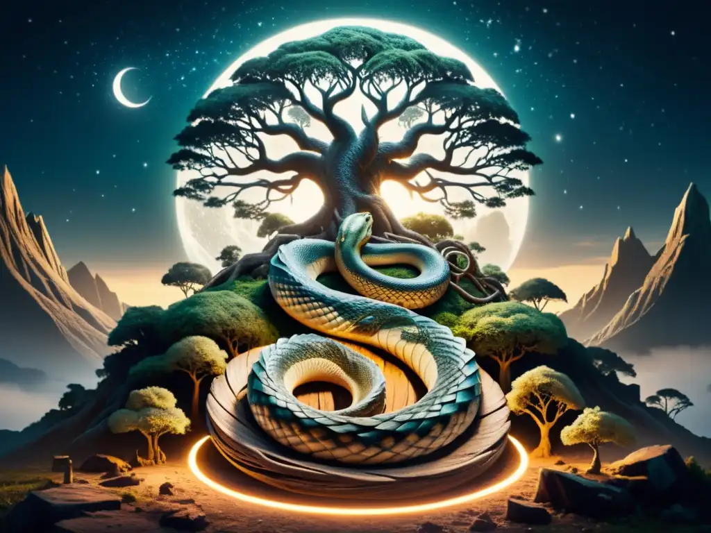 Imponente serpiente Jormungandr enroscada en Yggdrasil, árbol del mundo, bajo la luz de la luna