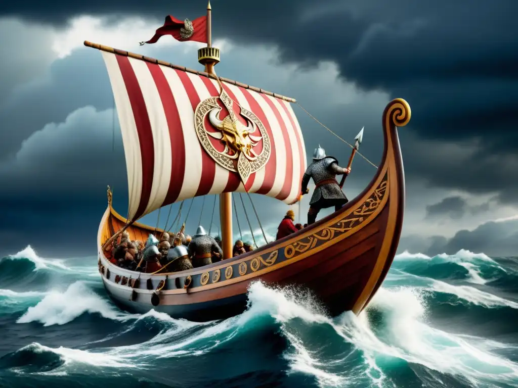 Un imponente drakkar vikingo surca mares turbulentos bajo un cielo tormentoso