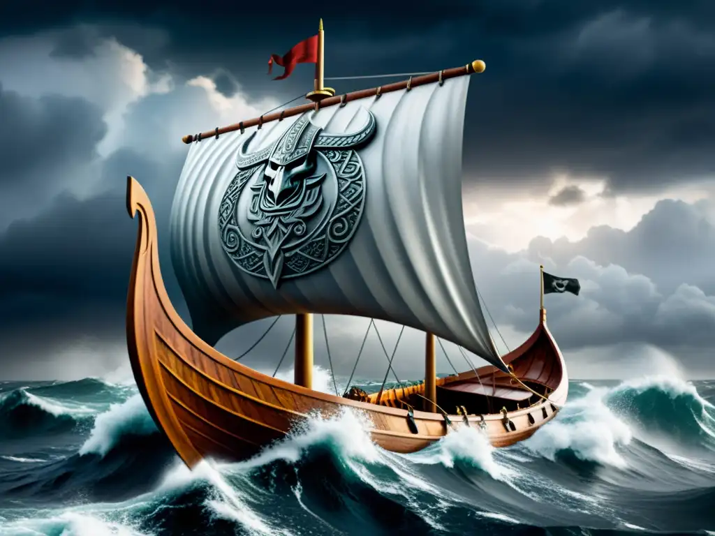 Un imponente drakkar vikingo surca mares turbulentos bajo un cielo tormentoso, demostrando la meteorología vikinga para conquistar mares