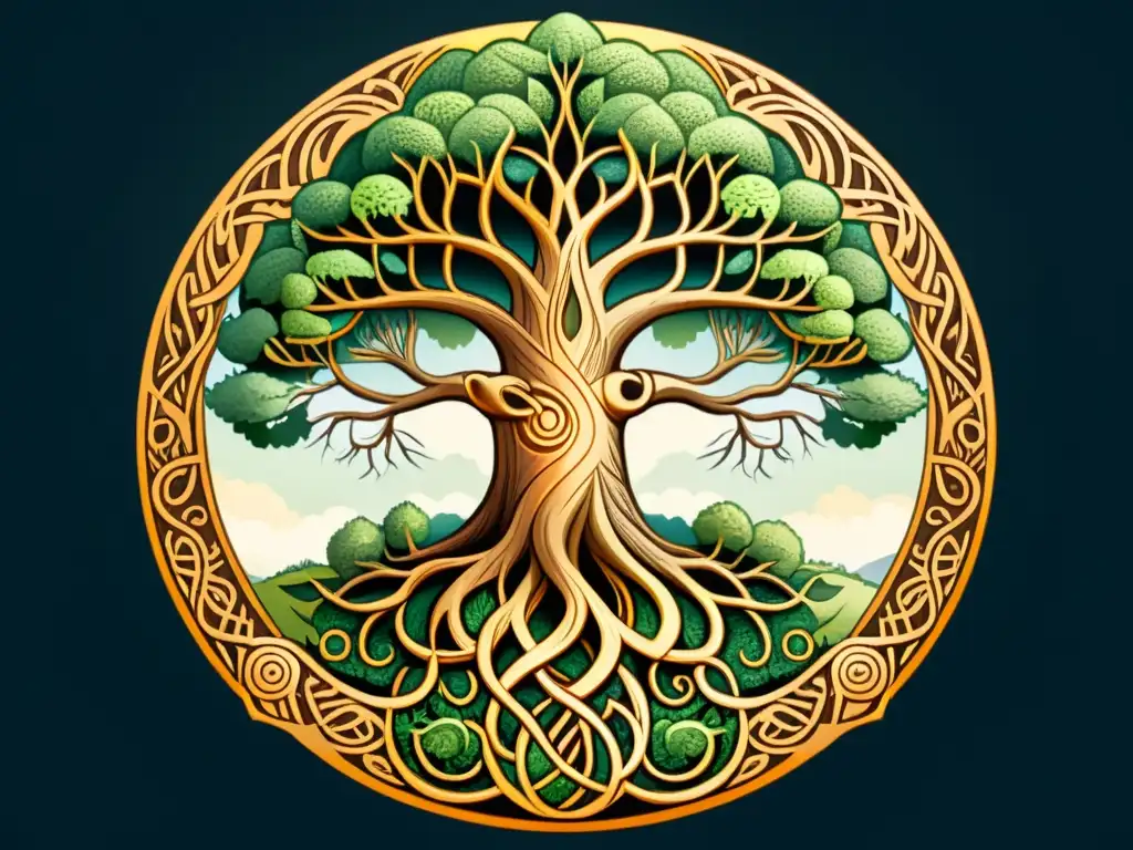 Imponente Yggdrasil, el Árbol del Mundo, con sus raíces en la tierra y ramas al cielo