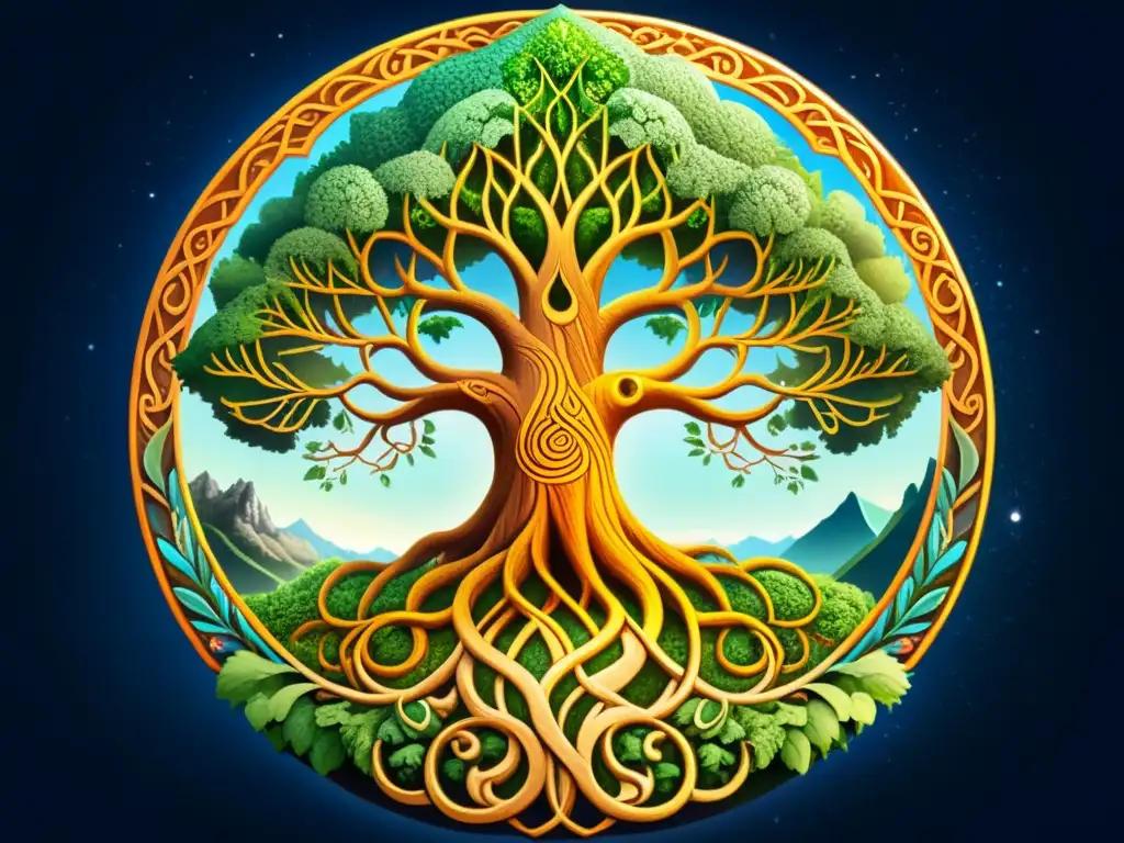 Imponente Yggdrasil, árbol del mundo de la mitología nórdica, en un bosque místico