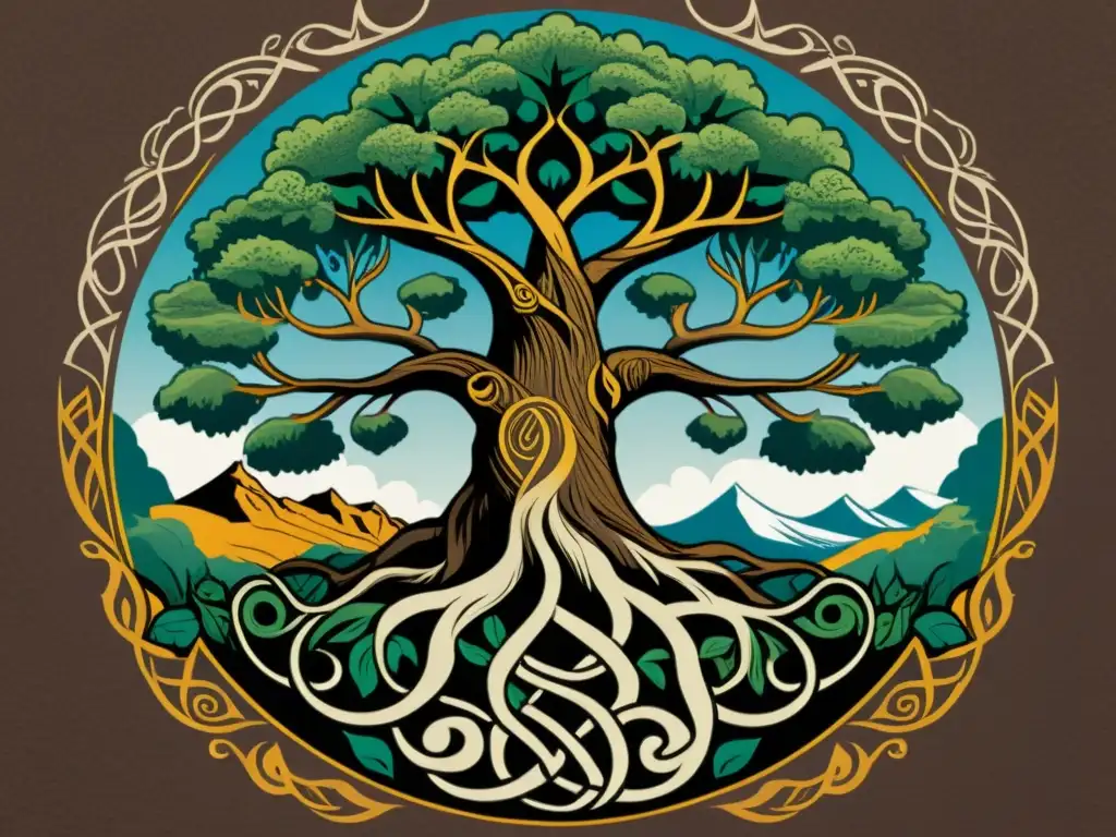 Imponente Yggdrasil, árbol de la vida vikingo, conectando los nueve mundos con su aura mística