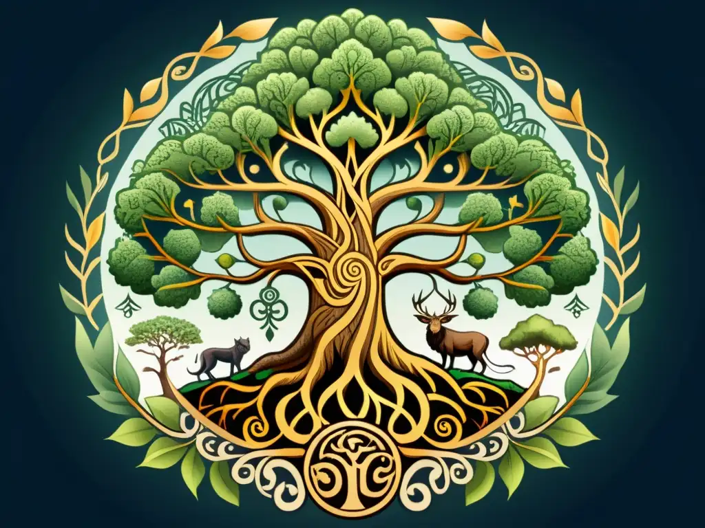 Imponente Yggdrasil de la mitología nórdica, con sus raíces en la tierra y ramas al cielo, habitada por criaturas míticas