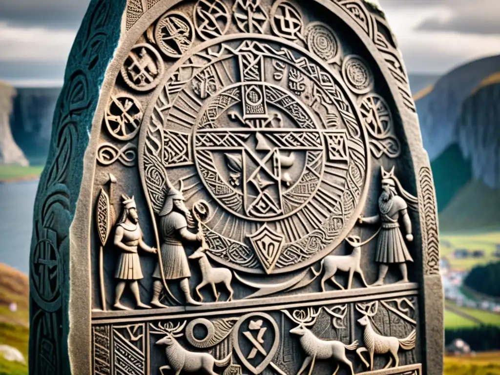 Importancia cultural del Edda vikingo: Detalle de una talla rúnica vikinga antigua con escenas de la mitología nórdica