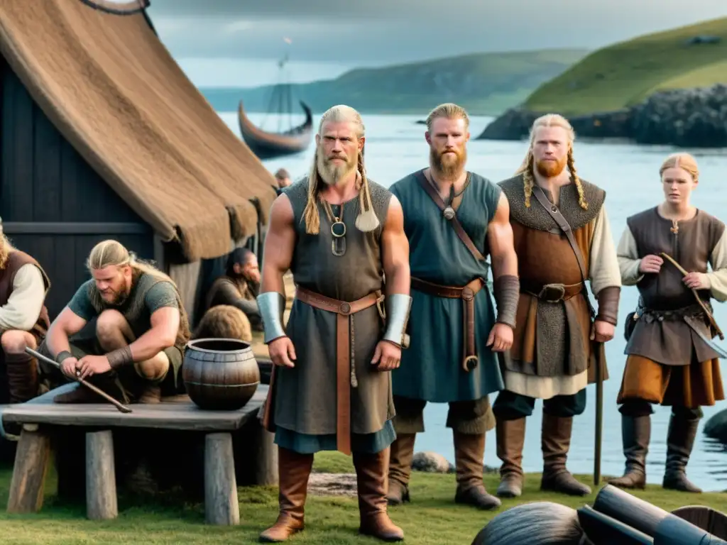 La importancia de los esclavos vikingos representada en una ilustración detallada y conmovedora de la vida en una aldea vikinga