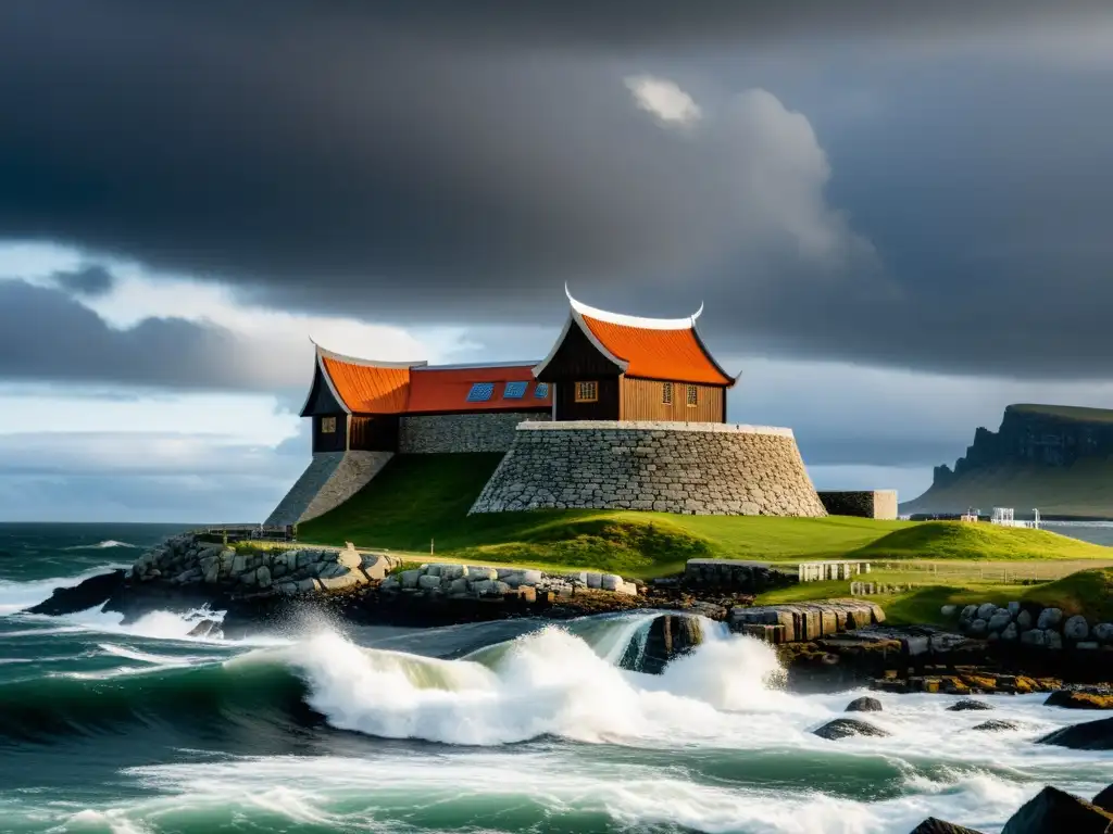 Impresionante arquitectura defensiva vikinga moderna en paisaje nórdico tormentoso