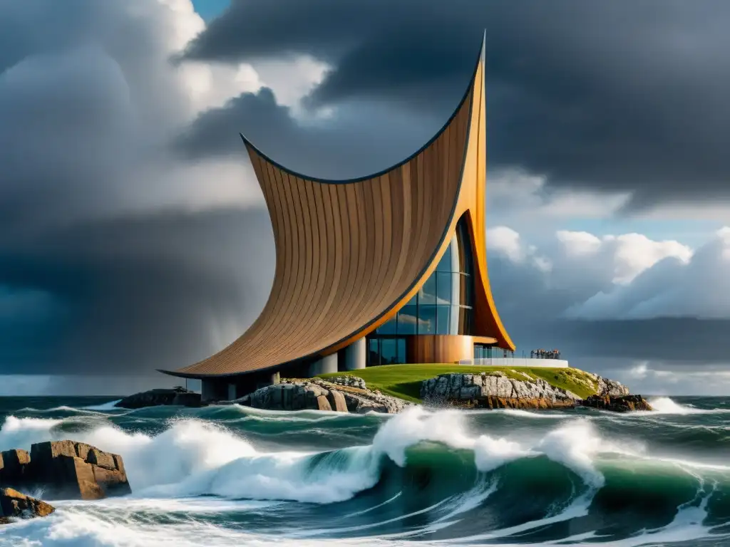 Impresionante arquitectura moderna con influencia vikinga en un escenario costero nórdico dramático