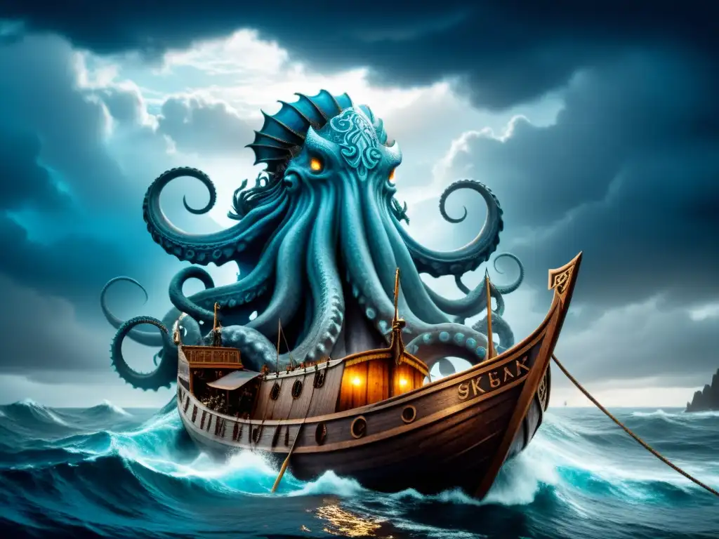 Impresionante ilustración del Kraken en el arte vikingo emergiendo del mar tormentoso hacia un barco nórdico