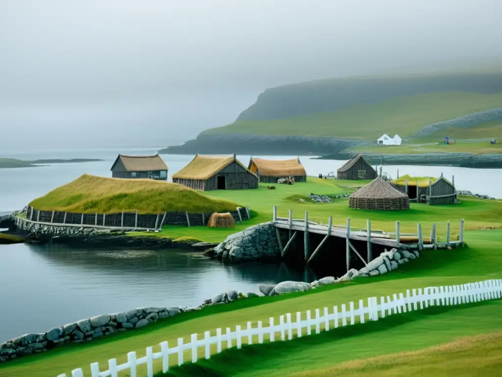 Un impresionante asentamiento vikingo en L'Anse aux Meadows, con estructuras antiguas entre paisajes salvajes y misteriosos del Atlántico Norte