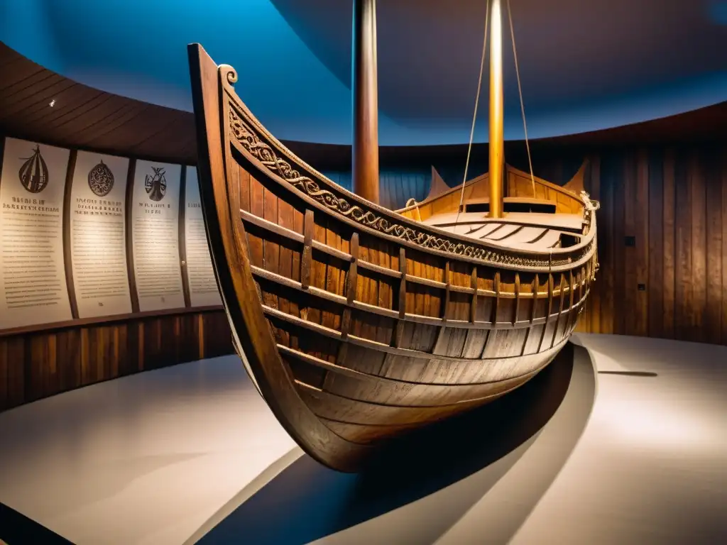 Impresionante barco de Roskilde Vikingo en exhibición, iluminado con dramáticas sombras y detalles detallados