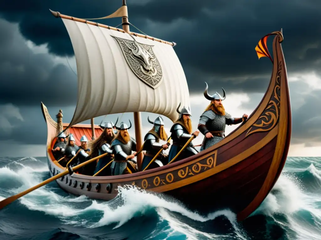 Épica travesía vikinga en aguas turbulentas Impresionante barco vikingo en aguas turbulentas, con tripulación guerrera y capitán en el timón