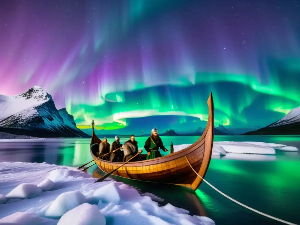 Impresionante barco vikingo surcando aguas gélidas bajo auroras boreales con guerreros vikingos