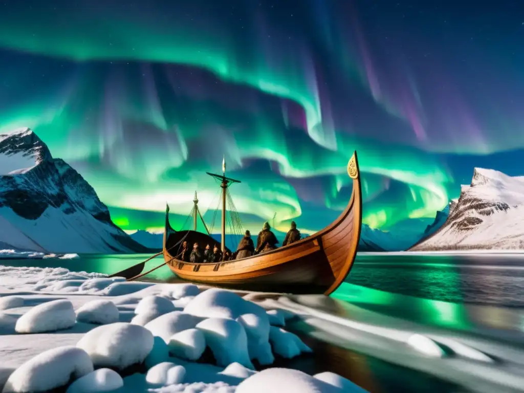 Impresionante barco vikingo surcando aguas heladas bajo la aurora boreal, con guerreros y armaduras brillantes