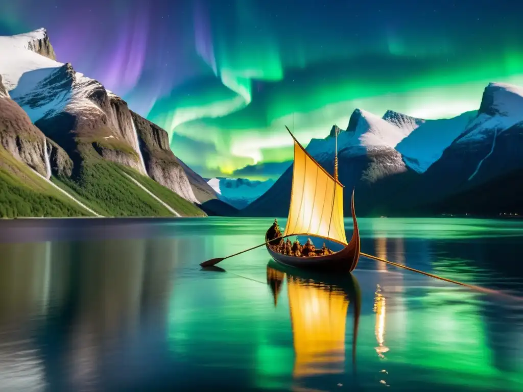 Un impresionante barco vikingo navega bajo la aurora boreal en un fiordo, mostrando la artesanía de los juegos de mesa vikingos educativos