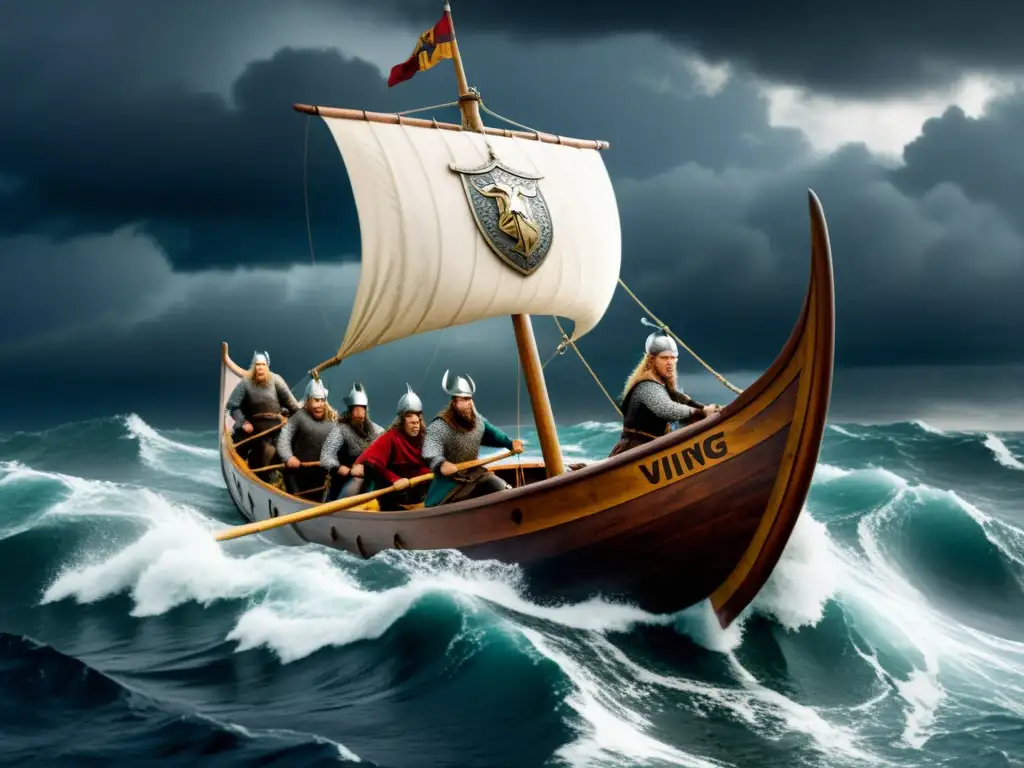 Impresionante barco vikingo del Clan del Oso era vikinga surcando aguas turbulentas bajo un cielo tormentoso, tripulación feroz