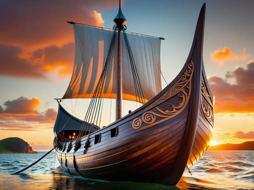 Un impresionante barco vikingo con intrincados detalles tallados, iluminado por un cálido atardecer