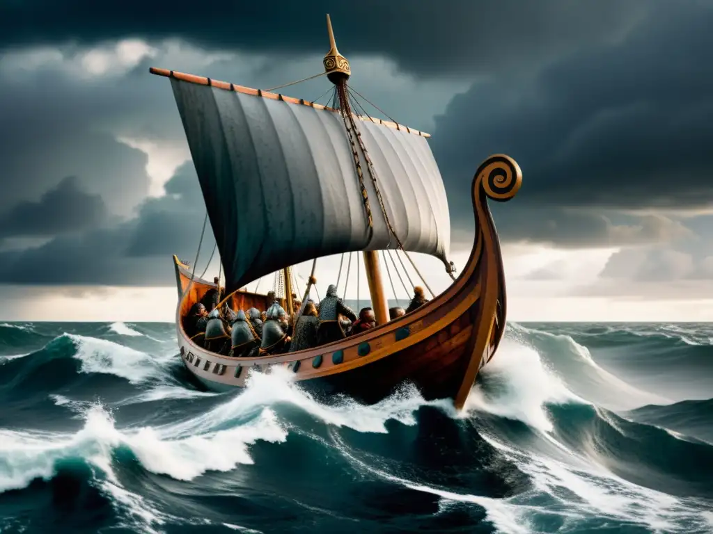 Impresionante barco vikingo surcando mares tormentosos con guerreros nórdicos, reflejando la influencia de la mitología nórdica en creencias actuales