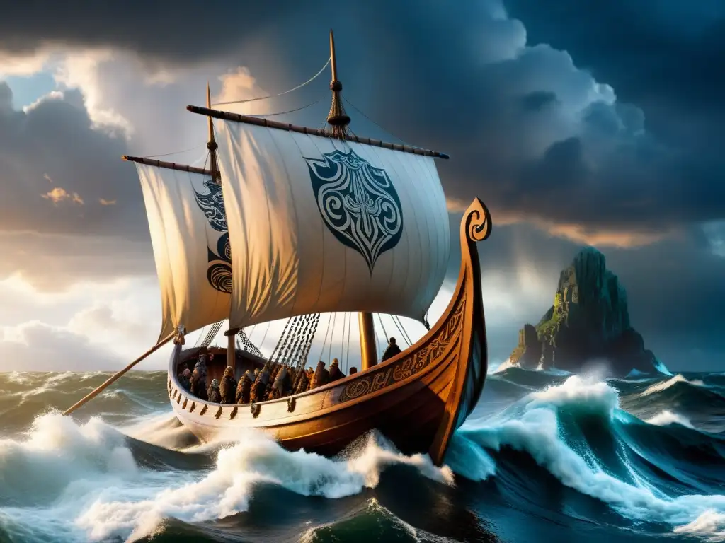 Impresionante barco vikingo navegando en mares turbulentos con influencia de la mitología vikinga en barcos